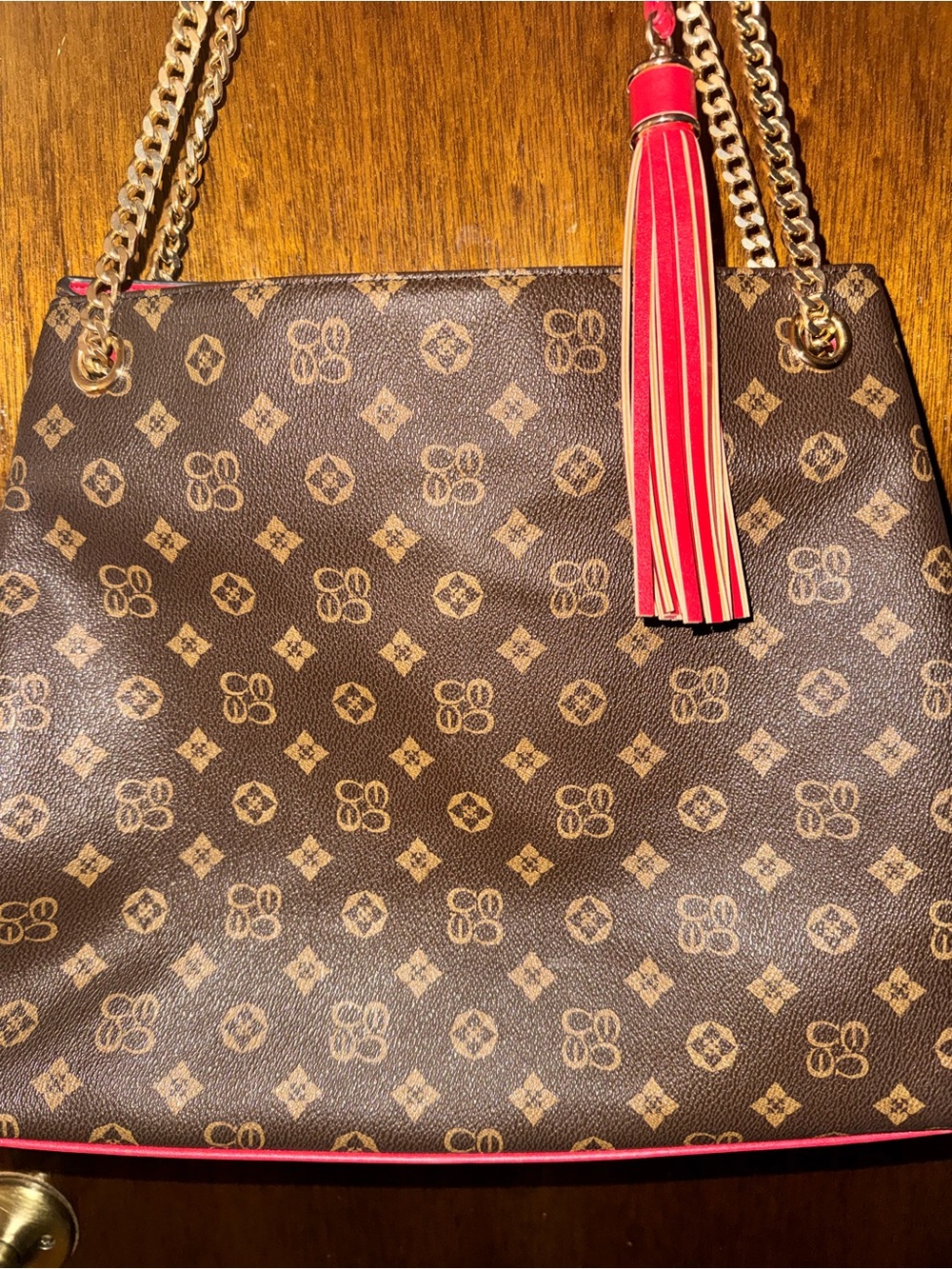 Brown and red tote purse